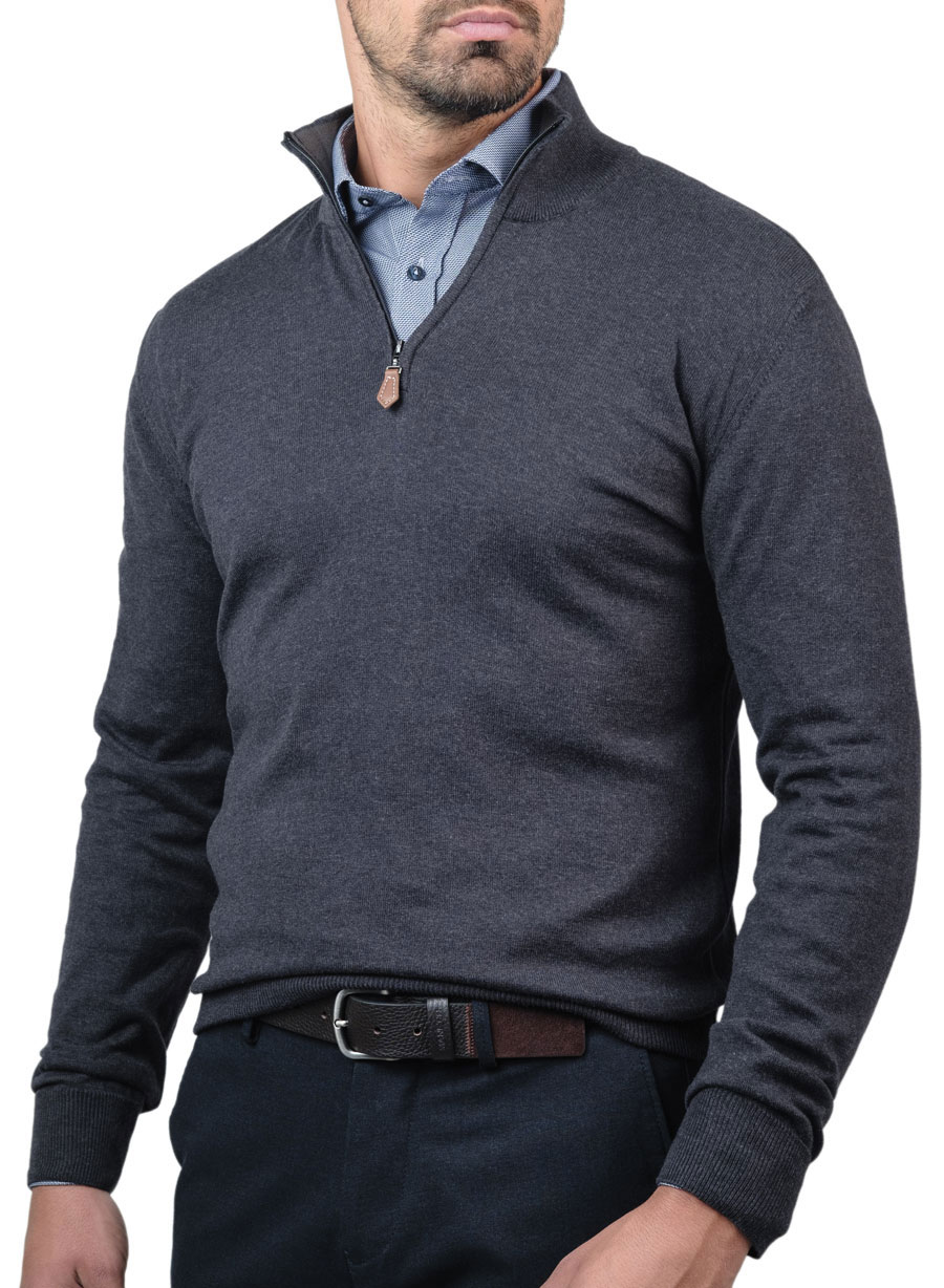 MANETTI Ανδρικό Πουλόβερ half zip Manetti casual dark grey melange