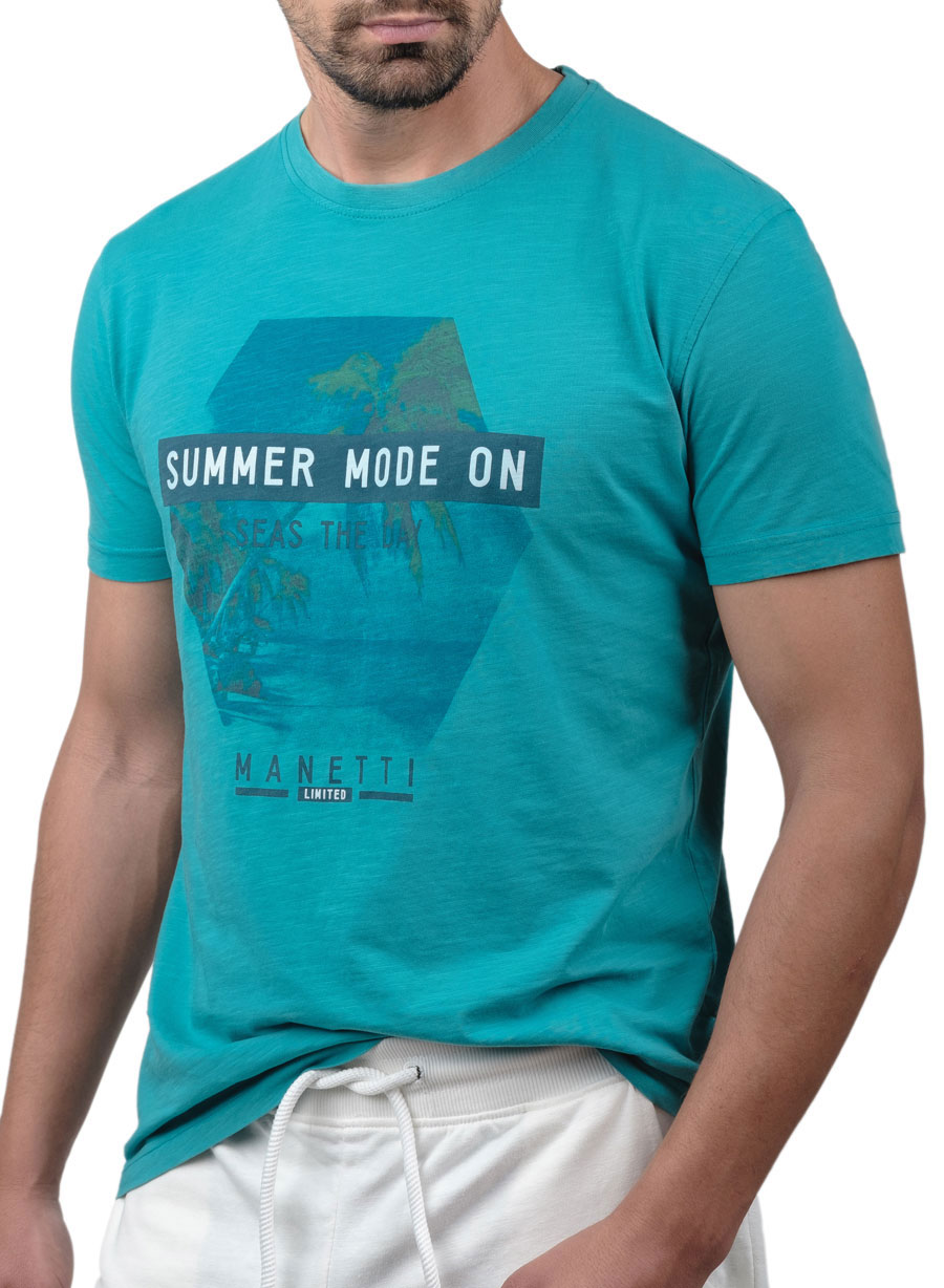 MEN'S T-SHIRT ΚΟΝΤΟ ΜΑΝΙΚΙ MANETTI CASUAL  AQUA MARINE BLUE