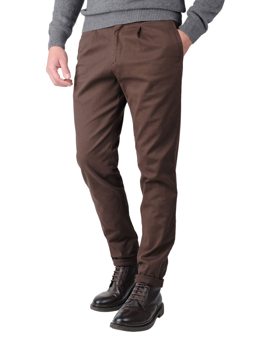 Ανδρικό Παντελονι chinos με πιέτες casual fango brown CHINOS